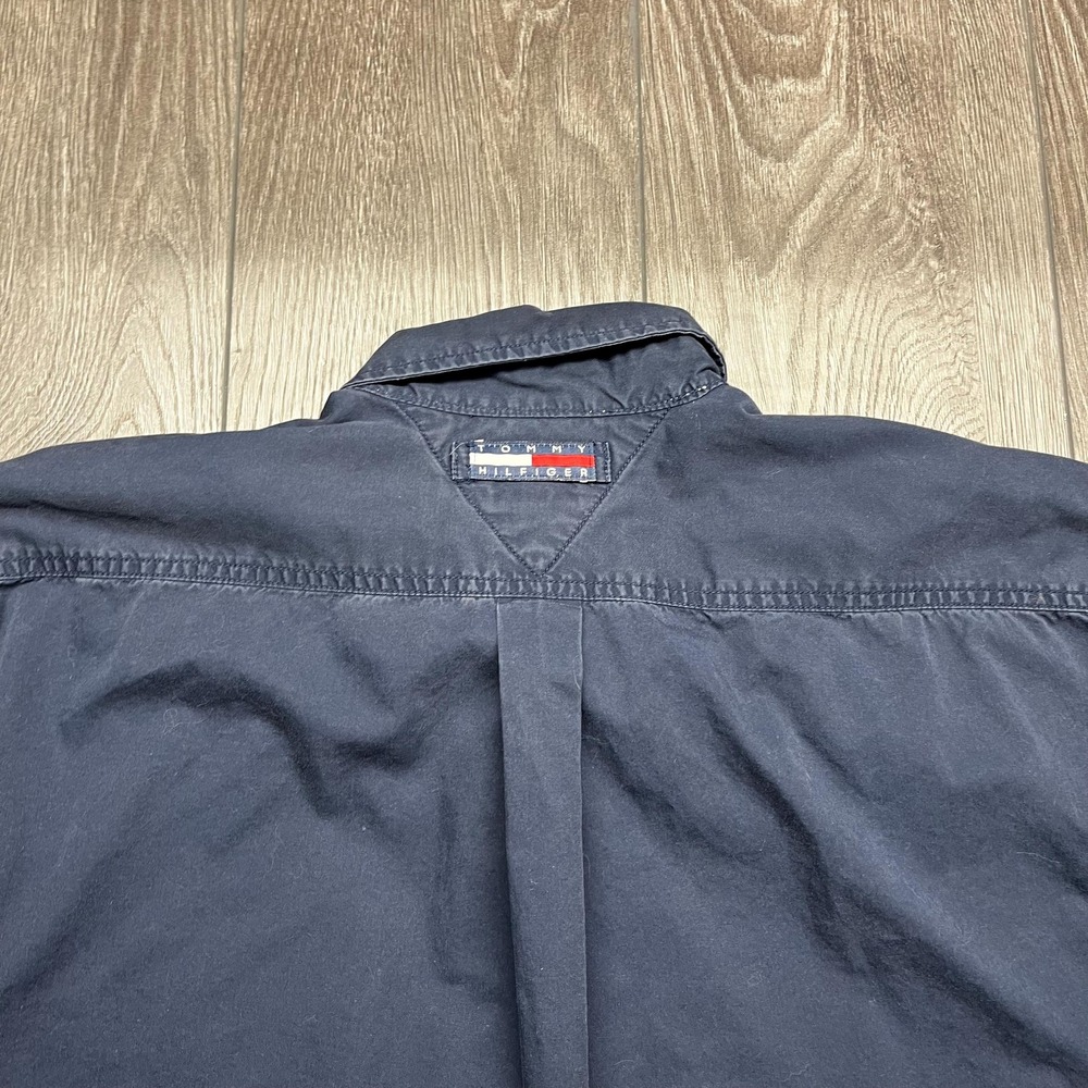 Vintage Tommy Hilfiger Solid Blue Navy Button Up Shirt Preppy XL Flag - Picture 6 of 9